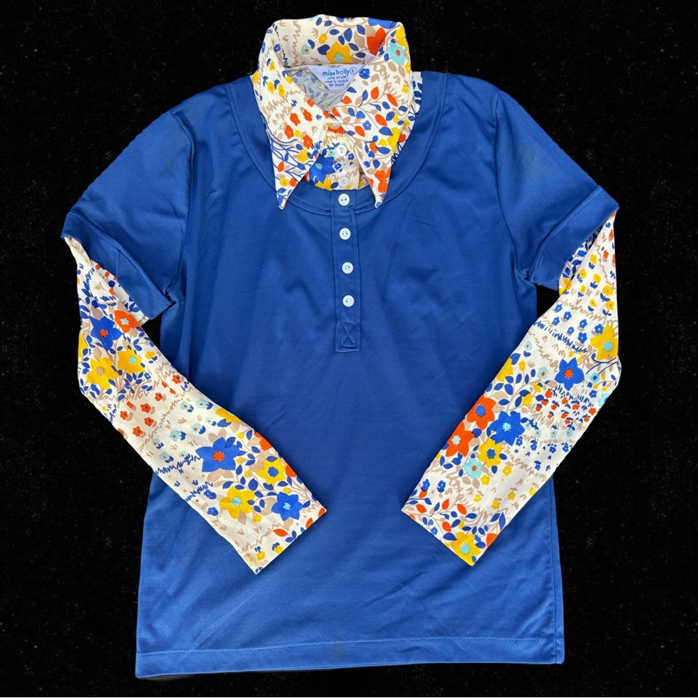 Fun 60s-70s Floral and Navy Long Sleeve Top Vintage Size L